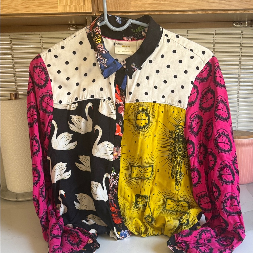 Anthropology  Mixed-PrintButton-Up Blouse - Polka Dot, floral Swan & Sun Motifs